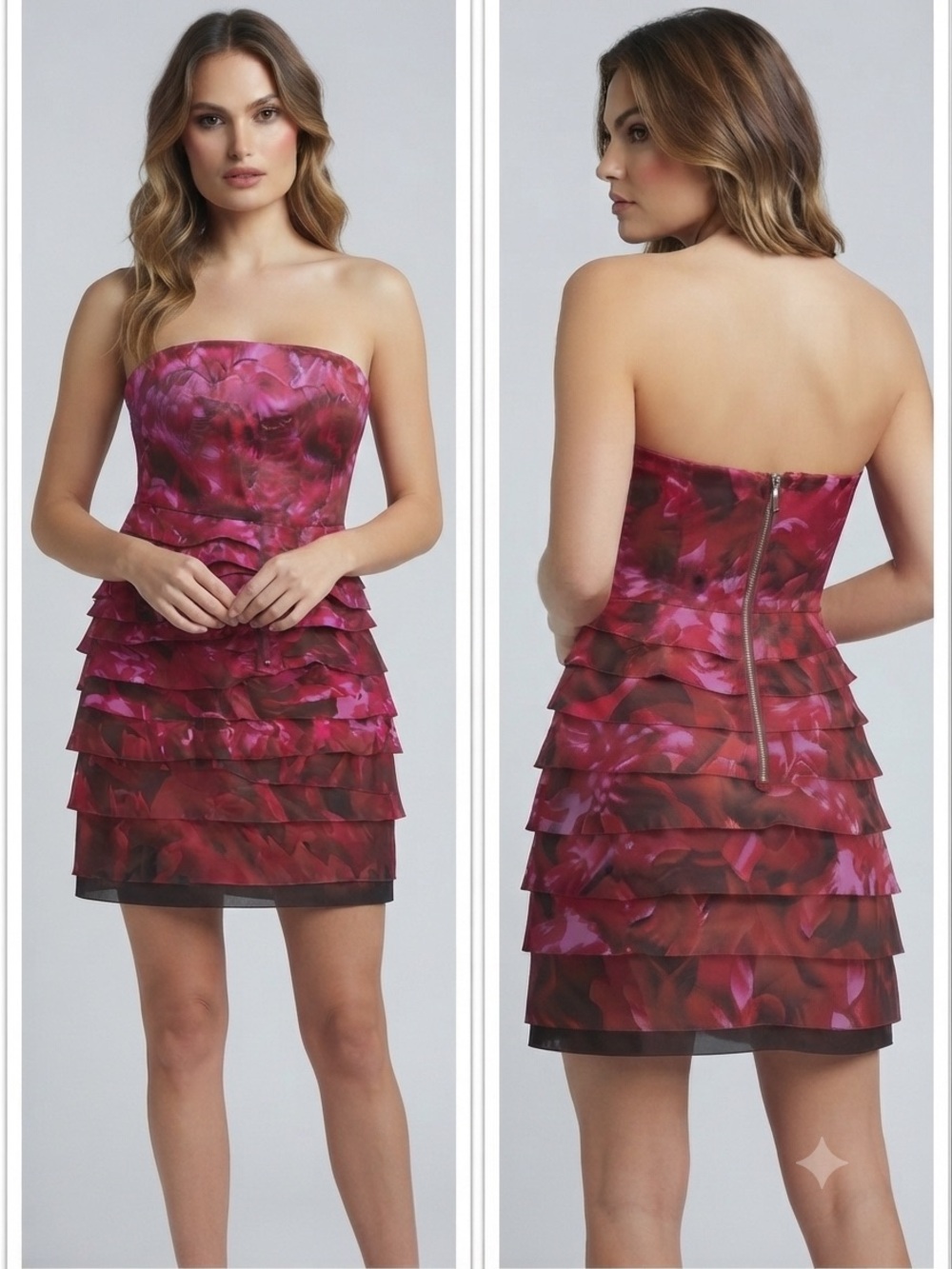Bebe Fuchsia Floral Ruffled Strapless Mini Cocktail Dress Size XS